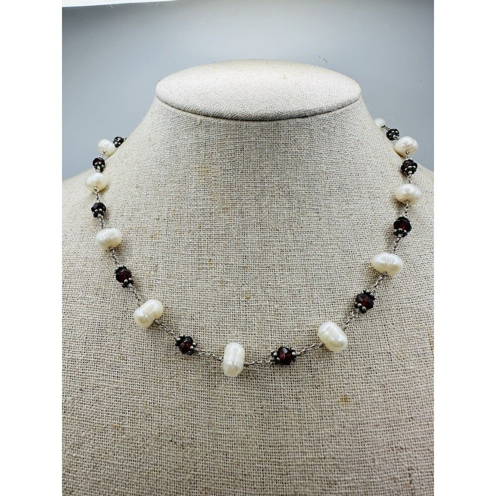 Lily Rachel 925 Sterling Silver Freshwater Pearl Garnet Necklace 17”
